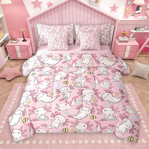Manfei Cartoon Animal Axolotl 7 Pieces Bedding Comforter Set,Gold Fish Stars Full Bedding Set,Kawaii Pink Salamander Fitted Sheet Flat Sheet,For Girls Teens,Microfiber Bedroom Decor Reversible