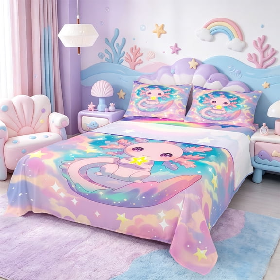 Manfei Cartoon Animal Axolotl Bed Sheets,Galaxy Starry Sky King Sheets,Kawaii Pink Salamander Sheet Set,For Teens,Microfiber Bedroom Decor,4-Piece