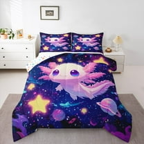 Manfei Cartoon Animal Axolotl Bedding Comforter Set,Dreamy Planet Stars Twin Comforter Sets,Kawaii Pink Salamander Bedding Set,For Teens,Microfiber Bedroom Decor Reversible,2 Pieces