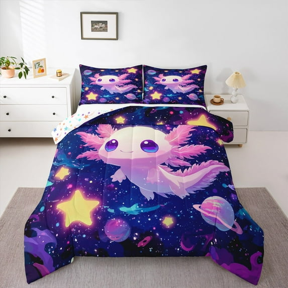 Manfei Cartoon Animal Axolotl Bedding Comforter Set,Dreamy Planet Stars Twin Comforter Sets,Kawaii Pink Salamander Bedding Set,For Teens,Microfiber Bedroom Decor Reversible,2 Pieces
