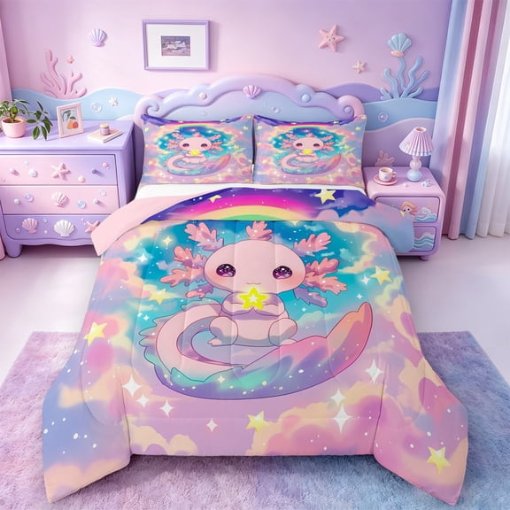 Manfei Cartoon Animal Axolotl Bedding Comforter Set,Galaxy Starry Sky Twin Comforter Sets,Kawaii Pink Salamander Bedding Set,For Teens,Microfiber Bedroom Decor Reversible,2-Piece