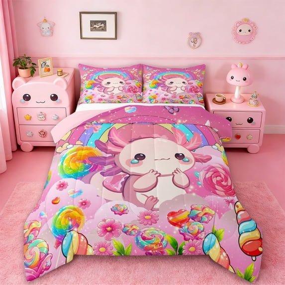 Manfei Cartoon Animal Axolotl Bedding Comforter Set,Kawaii Ocean Animal Twin Comforter Sets,Colorful Candy Pink Daisy Bedding Set For Teens,Ultra Soft Home Decor Reversible,2 Pieces