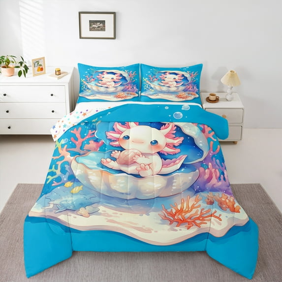 Manfei Cartoon Animal Axolotl Bedding Comforter Set,Sea Shell Coral Twin Comforter Sets,Kawaii Pink Salamander Bedding Set,For Teens,Microfiber Bedroom Decor Reversible,2pcs