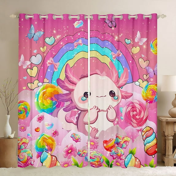 Manfei Cartoon Animal Axolotl Black Out Curtains,Kawaii Ocean Animal Curtains Pack of 2 (42x63 Each),Colorful Candy Pink Daisy Bedroom Curtains For Teens,Ultra Soft Home Decor