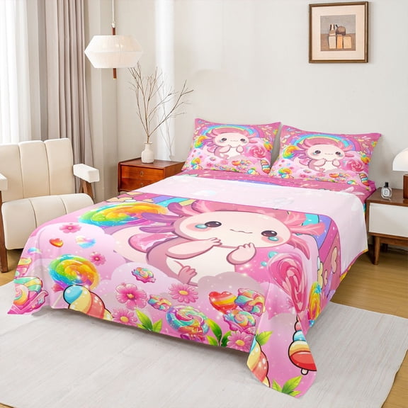 Manfei Cartoon Animal Axolotl Full Size Sheets,Kawaii Ocean Animal Bed Sheets,Colorful Candy Pink Daisy Sheet Sets For Teens,Ultra Soft Home Decor,4pcs