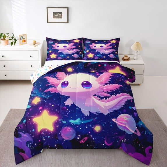 Manfei Cartoon Animal Axolotl King Size Comforter Sets,Dreamy Planet Stars Bedding Comforter Set,Kawaii Pink Salamander Bedding Set,For Teens,Microfiber Bedroom Decor Reversible,3 Pieces