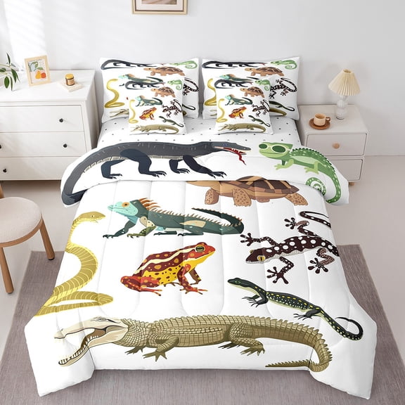 Feelyou Cartoon Animal Bedding Comforter Set 7 Pieces, Frog Snake Crocodile Full Bedding Set, Jungle Wildlife Fitted Sheet Flat Sheet, Lightweight Room Decor