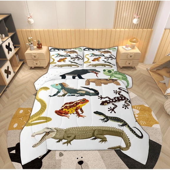 Feelyou Cartoon Animal Bedding Comforter Set, Frog Snake Crocodile Twin Comforter Sets, Jungle Wildlife Bedding Set, Lightweight Room Decor, 2 Piece