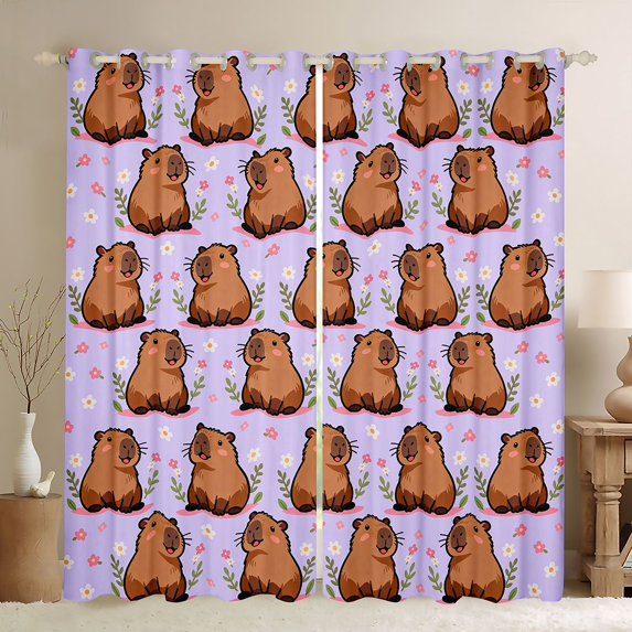 Manfei Cartoon Animal Capybara Black Out Curtains for Kids Boys Girls,Chic Floral Flowers Curtains Pack of 2 (42x63 Each),Kawaii Wildlife Bedroom Curtains,Luxury Bedroom Decor