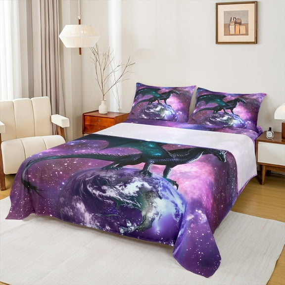 Manfei Cartoon Animal Dragon Bed Sheets,Galaxy Planet Starry Night King Sheets,Western Fansty Theme Sheet Set For Girls Kids,Breathable Home Decor,4 Pieces
