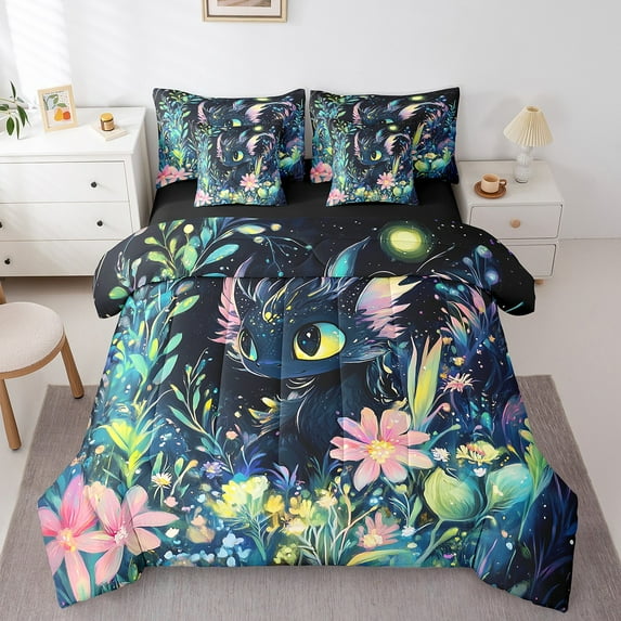 Manfei Cartoon Animal Dragon Bedding Comforter Set 7-Piece,Oil Painting King Bedding Sets,Watercolor Flower Floral Bed Sheets,Ultra Soft Room Decor Reversible