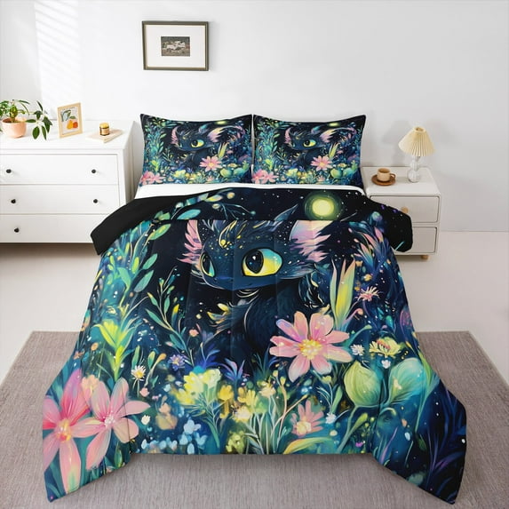 Manfei Cartoon Animal Dragon Bedding Comforter Set,Oil Painting Twin Comforter Sets,Watercolor Flower Floral Bedding Set,Ultra Soft Room Decor Reversible,2-Piece