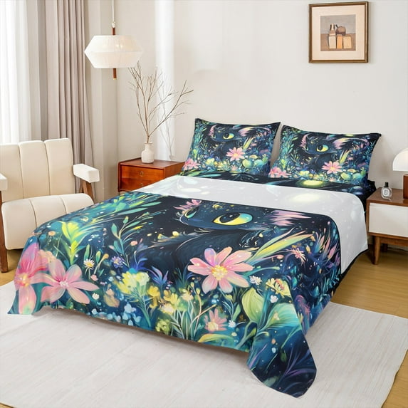 Manfei Cartoon Animal Dragon Twin Sheet Sets,Oil Painting Twin Fitted Sheet,Watercolor Flower Floral Flat Sheet,Ultra Soft Room Decor,3-Piece