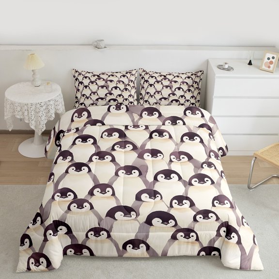 Manfei Cartoon Animal Lover Bedding Comforter Set, Antarctic Penguin Print Twin Comforter Sets, Kawaii Wildlife Bedding Set, Breathable Home Decor, 2pcs