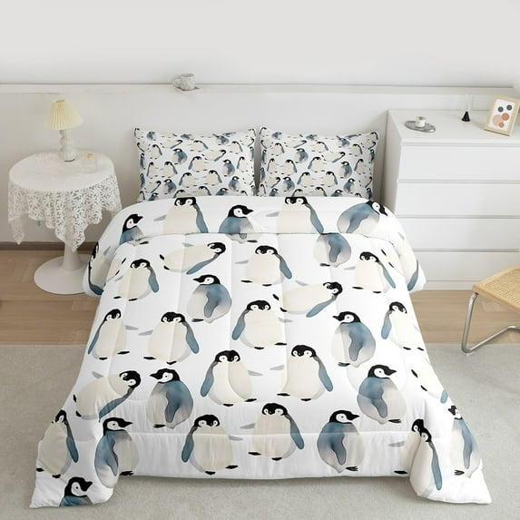 Manfei Cartoon Animal Lover Full Size Comforter Sets, Antarctic Penguin Print Bedding Comforter Set, Kawaii Wildlife Bedding Sets, Ultra Soft Home Decor, 3pcs