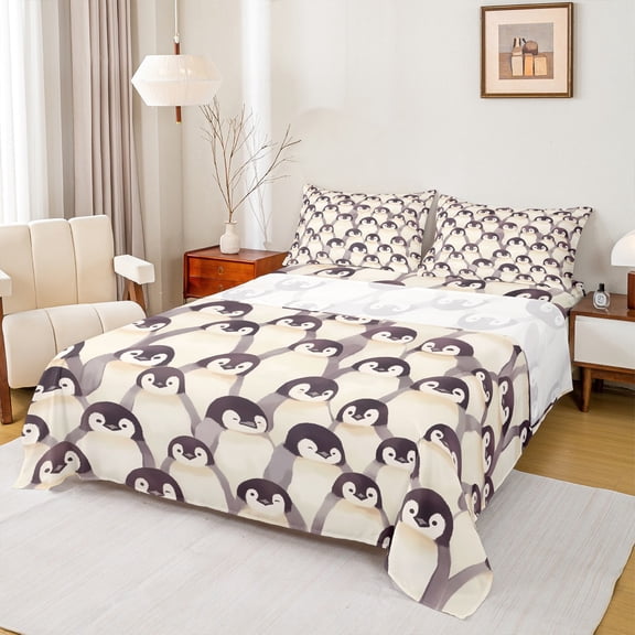 Manfei Cartoon Animal Lover Full Size Sheets, Antarctic Penguin Print Bed Sheets, Kawaii Wildlife Sheet Sets, Breathable Home Decor, 4pcs