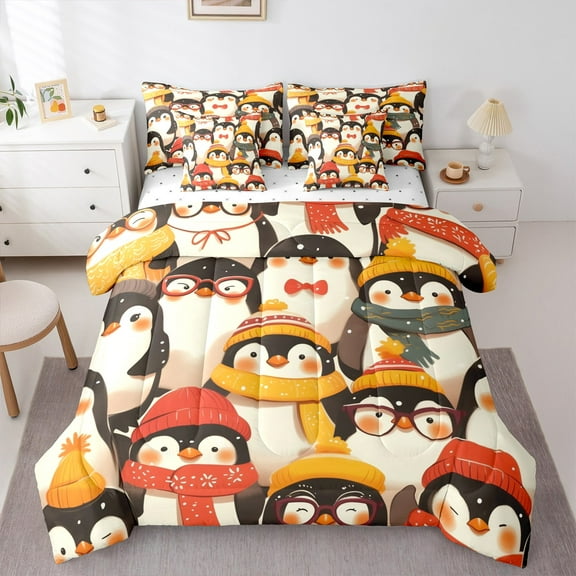 Manfei Cartoon Animal Lover Twin Bedding Sets 7-Piece, Winter Antarctic Penguin Bedding Comforter Set, Kawaii Wildlife Sheet Sets, Lightweight Room Decor