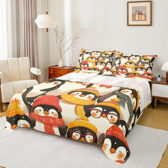Manfei Cartoon Animal Lover Twin Sheet Sets, Winter Antarctic Penguin Twin Fitted Sheet, Kawaii Wildlife Flat Sheet, Lightweight Room Decor, 3-Piece