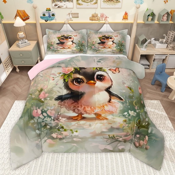 Manfei Cartoon Animal Penguin Boy Girl 2pcs Bedding Comforter Set,Flower Butterfly Twin Comforter Sets,Floral Wildlife Breathable Bedding Set,Super Cozy Room Decor,Reversible