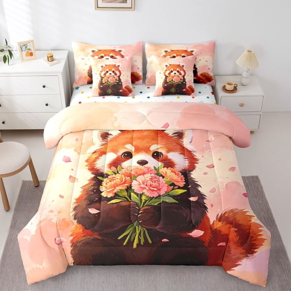 Manfei Cartoon Animal Print 7pcs Queen Bedding,Pretty Floral Print Bedding Comforter Set Queen,Pink,Polkadot Reversible