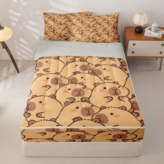 Manfei Cartoon Animal Print Zipper Twin Comforter Sets with Fitted Sheet and 2 Pillowcases,Cute Capybara Zipper Bedding Set,Brown,Light Gray Reversible,4pcs