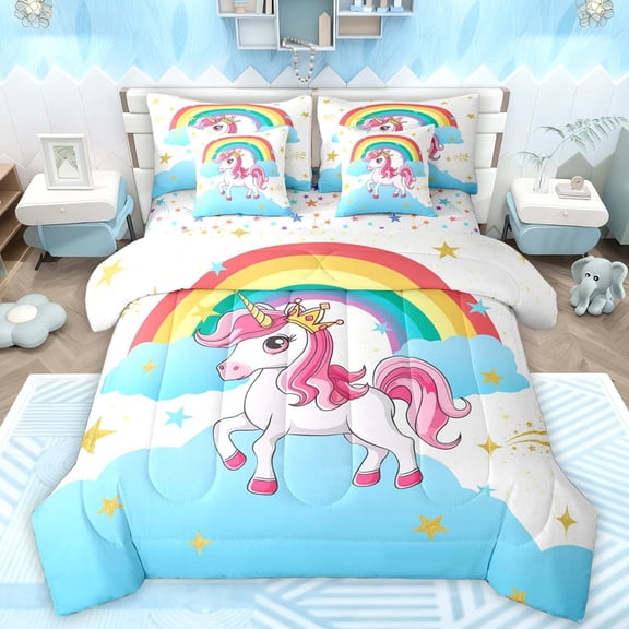 Manfei Cartoon Animal Unicorn 7-Piece Twin Bedding Sets,Princess Crown Bedding Comforter Set,Blue White Pink Sheet Sets For Girls Teens,Ultra Soft Home Decor Reversible