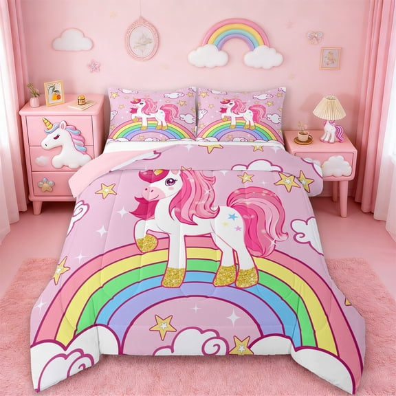 Manfei Cartoon Animal Unicorn Bedding Comforter Set,Kawaii Rainbow Striped Twin Comforter Sets,Gold Glitter Print Bedding Set For Girls Teens,Ultra Soft Home Decor Reversible,2-Piece