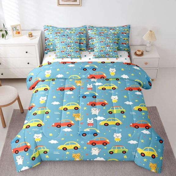 Manfei Cartoon Animals 7-Piece Twin Bedding,City Cars Pattern Bedding Comforter Set,Blue,Polkadot Reversible