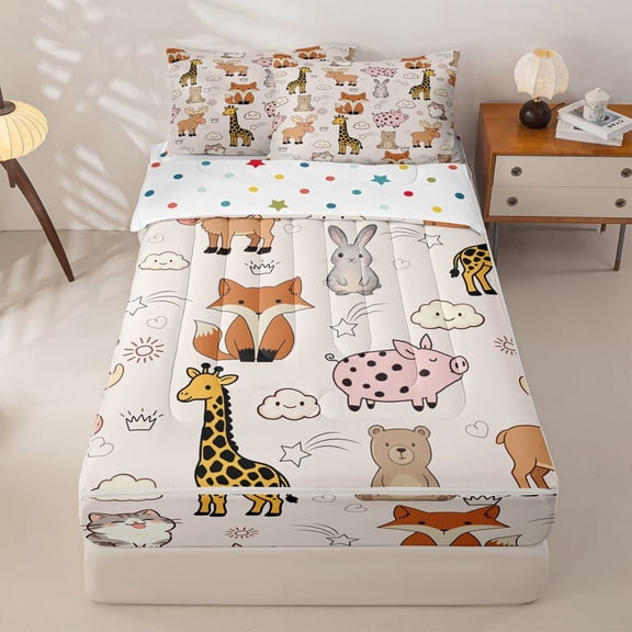 Manfei Cartoon Animals Fox Zipper Twin Comforter Sets with Fitted Sheet and 2 Pillowcases,Cute Pig Deer Zipper Bedding Set,Beige,Polkadot Reversible,4pcs