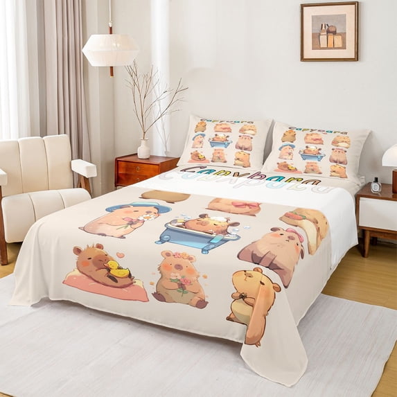 Manfei Cartoon Animals Queen Sheets,Cute Daily Capybara Print Queen Sheet Sets,Beige,4-Piece,1 Flat Sheet, 1 Fitted Sheet and 2 Pillowcases