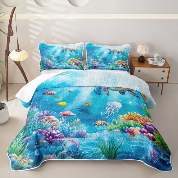 Manfei Cartoon Animals Twin Quilt Set,Ocean Themed Art Twin Coverlet Set,Blue,2pcs