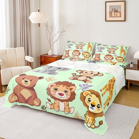 Manfei Cartoon Animals Twin Sheet Sets 3pcs for Boys Girls, Lion Tiger Giraffe Twin Fitted Sheet, Elephant Monkey Bear Flat Sheet, Green Super Cozy Room Decor