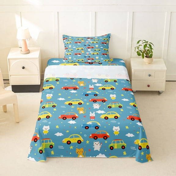 Manfei Cartoon Animals Twin Sheets,City Cars Pattern Bedding,Blue,3 Pieces,1 Fitted Sheet and 1 Pillowcase