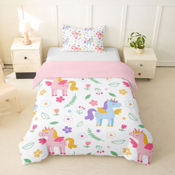 Manfei Cartoon Animals Unicorn Twin Duvet Cover,Colorful Cute Flowers Twin Bedding,Pink Reversible,2 Pieces,1 Duvet Cover and 1 Pillowcase