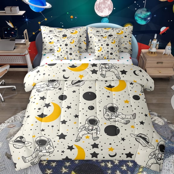 Manfei Cartoon Astronaut 7-Piece Twin Bedding Sets,Stars Moon Print Bedding Comforter Set,Galaxy Planet Sheet Sets For Boys Girls,Breathable Home Decor Reversible