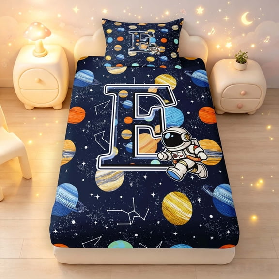 Manfei Cartoon Astronaut Alphabet E Twin Fitted Sheet,Celestial Space Bedding,2pcs