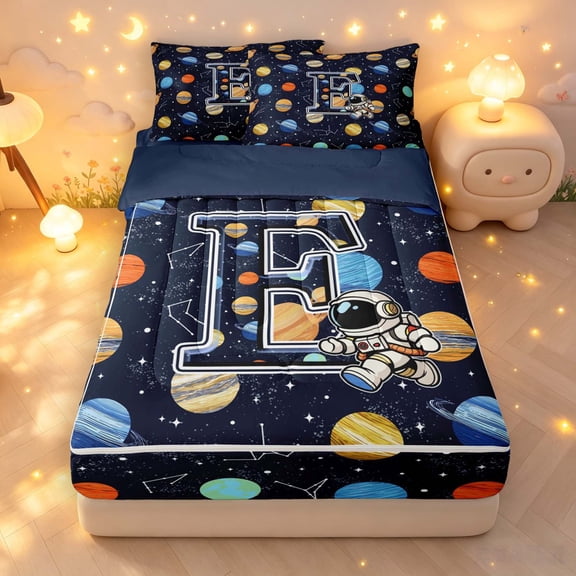 Manfei Cartoon Astronaut Alphabet E Zipper Queen Comforter Set with Fitted Sheet and 2 Pillowcases,Celestial Space Zipper Bedding Set,Navy Blue Reversible,4pcs