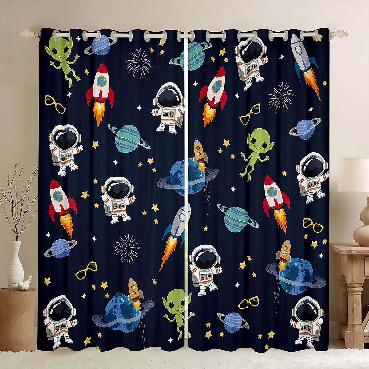 Manfei Cartoon Astronaut Curtains and Drapes Pack of 2 (52x63 Each ...