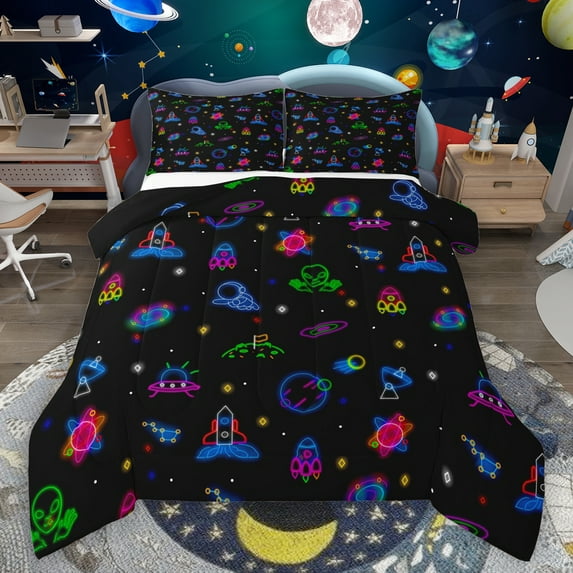 Manfei Cartoon Astronaut Full Size Comforter Sets,Kawaii Rocket Bedding Comforter Set,Blue Pink Black Bedding Sets For Boys,Luxury Bedroom Decor Reversible,3pcs