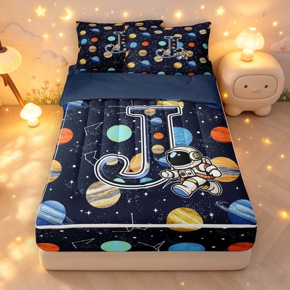 Manfei Cartoon Astronaut Initial J Zipper Queen Comforter Set with Fitted Sheet and 2 Pillowcases,Celestial Colorful Planets Zipper Bedding Set,Navy Blue Reversible,4pcs