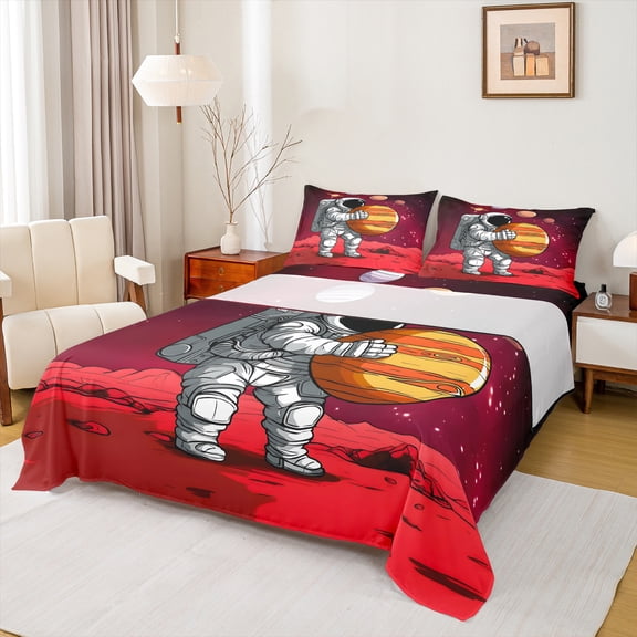 Manfei Cartoon Astronaut Kids Bed Sheets, Maroon Outer Space King Sheets, Planet Sheet Set, Luxury Bedroom Decor, 4pcs