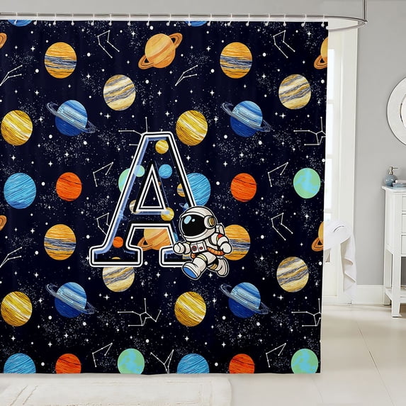 Manfei Cartoon Astronaut Letter A Shower Curtain 72Wx72L,Celestial Space Planets Bathroom Curtain