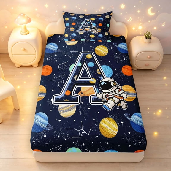 Manfei Cartoon Astronaut Letter A Twin Fitted Sheet,Celestial Space Planets Bedding,2 Pieces