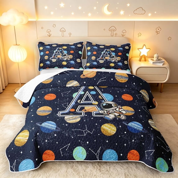 Manfei Cartoon Astronaut Letter A Twin Quilt Set,Celestial Space Planets Twin Coverlet Set,Navy Blue Reversible,2 Pieces,1 Bedspread and 1 Pillowcase
