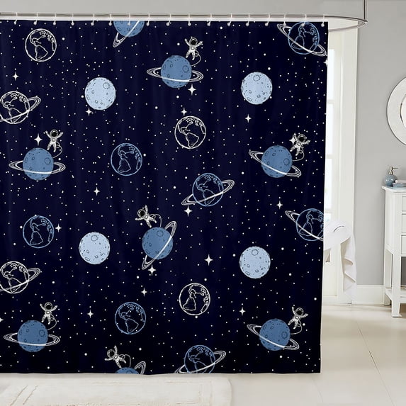 Manfei Cartoon Astronaut Planet Shower Curtain 72Wx84L,Cute Stars Bathroom Shower Curtain,Navy Blue