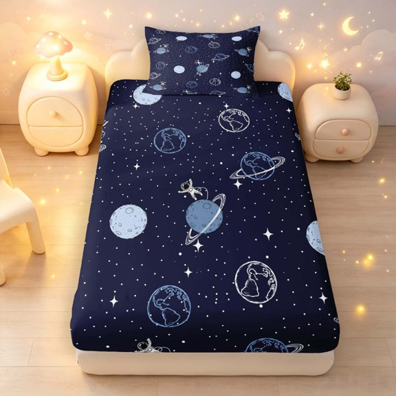 Manfei Cartoon Astronaut Planet Twin Fitted Sheet,Cute Stars Bedding,Navy Blue,2pcs