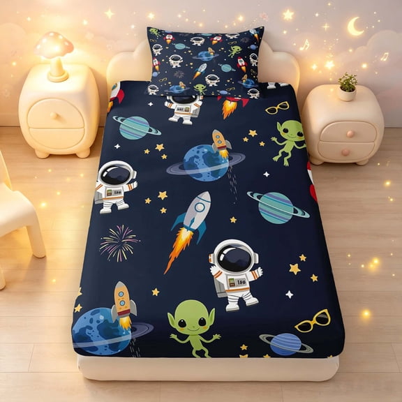 Manfei Cartoon Astronaut Twin Fitted Sheet,Cute Space Rocket Print Bedding,Dark Blue,2pcs