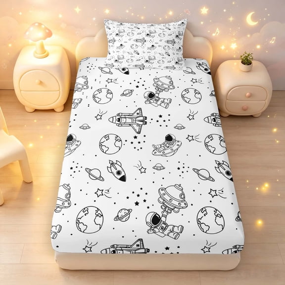 Manfei Cartoon Astronaut Twin Fitted Sheet,Minimalist Space Planets Bedding,White,2-Piece