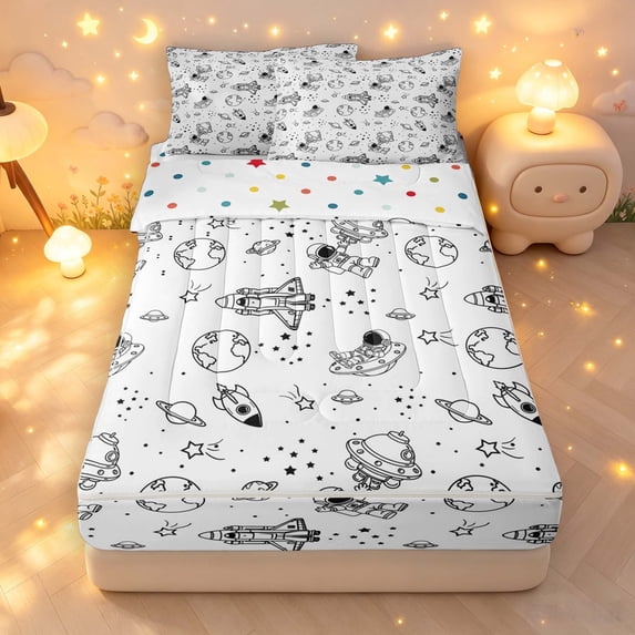 Manfei Cartoon Astronaut Zipper Full Size Comforter Sets with Fitted Sheet and 2 Pillowcases,Minimalist Space Planets Zipper Bedding Set,White,Polkadot Reversible,4pcs