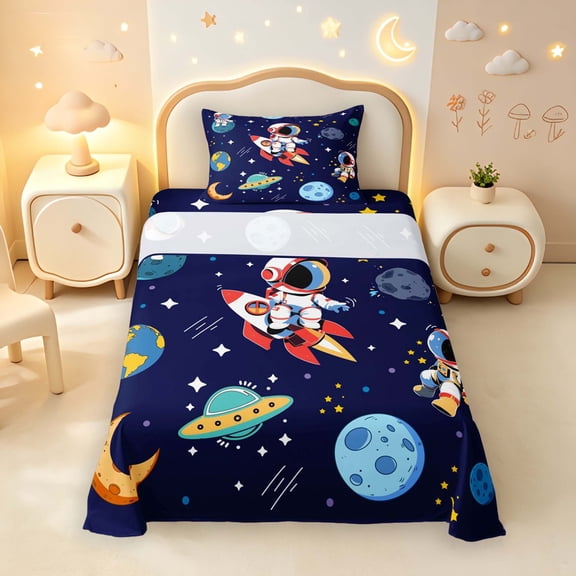 Manfei Cartoon Astronauts Twin Sheets,Celestial Space Planets Bedding,Navy Blue Red,3pcs,1 Flat Sheet,1 Fitted Sheet and 1 Pillowcase